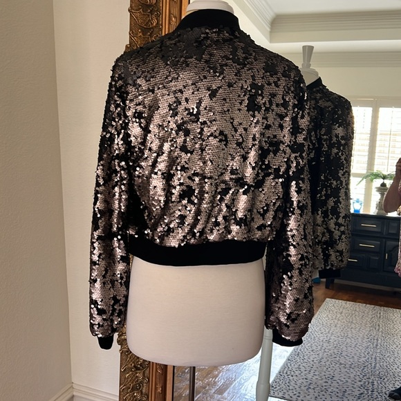 1 State Glam Rock Metallic Flip Sequin Bomber Jacket Size: Large Ringer Black - Picture 3 of 7